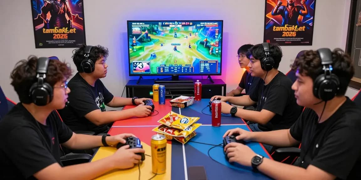 Friends enjoying tambakbet 2026 in a colorful gaming setup with snacks and exciting graphics.