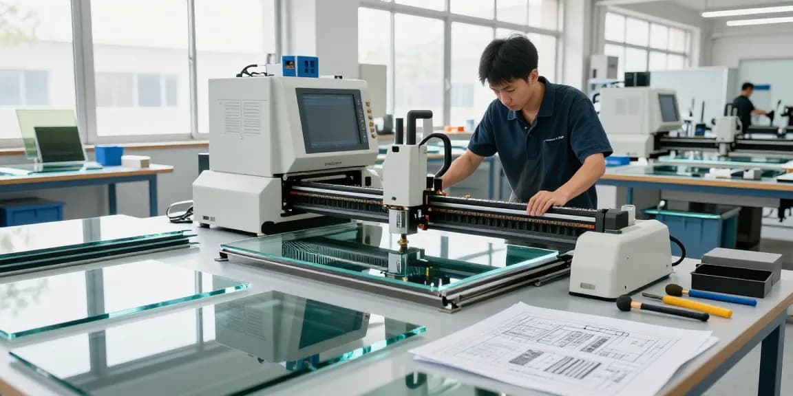 Technician using a glass cutting machine in a modern industrial setting, showcasing advanced glass processing technology.