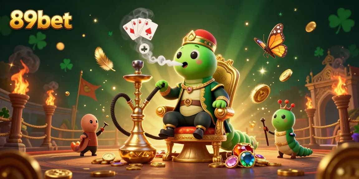 Engage in thrilling casino adventures with 89bet's vibrant 3D illustration featuring a whimsical caterpillar and poker symbols.