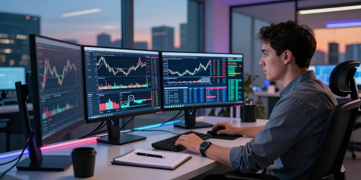 Intense focus on OKX reviews amid cryptocurrency trading in a modern office environment