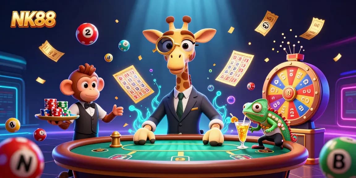 Experience thrilling gambling at NK88 with a vibrant casino scene featuring unique characters.