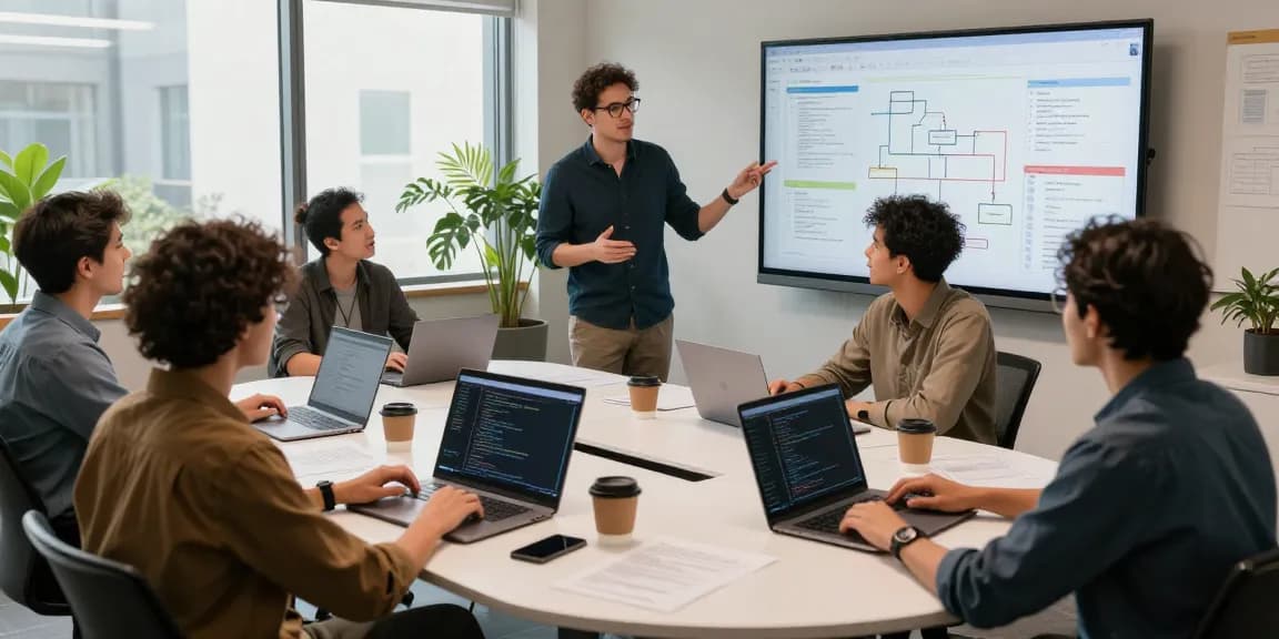 Kinetiq developers collaborating in a modern workspace with coding screens and brainstorming sessions.