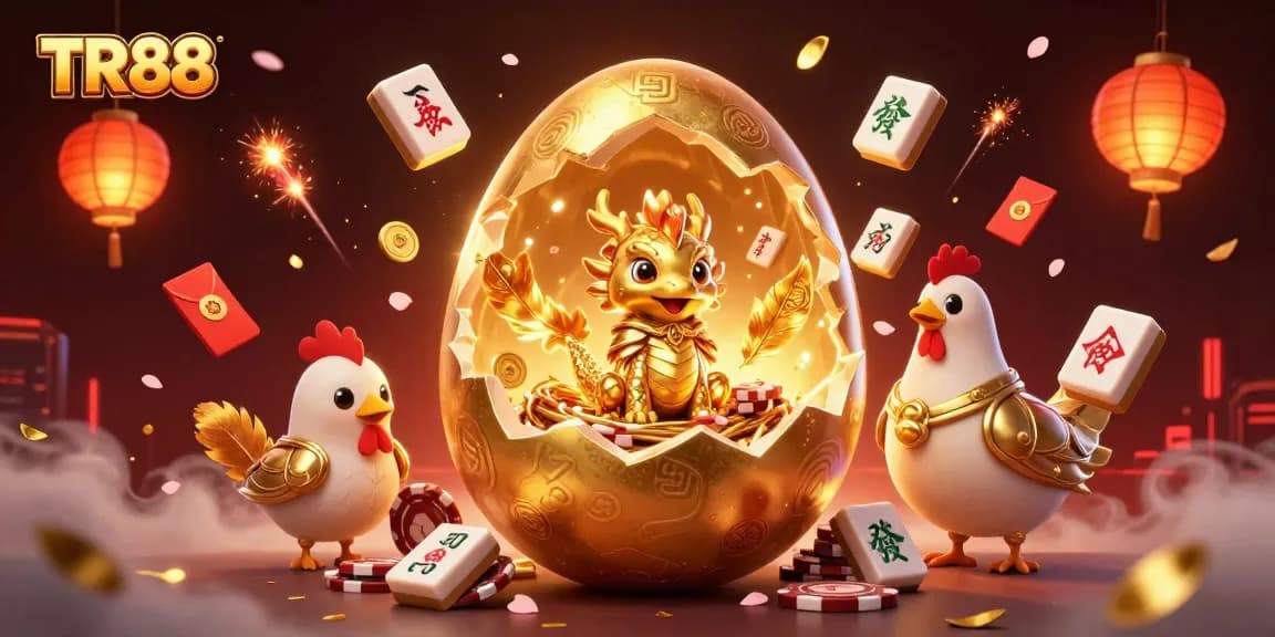 Engage with top-tier gaming at TR88, featuring vibrant golden elements and casino icons in a lively 3D scene.