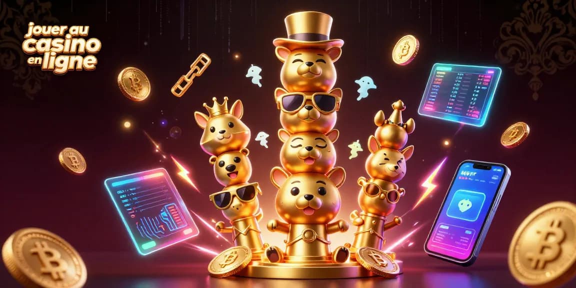 jouer au casino en ligne avec un totem de casino animé entouré de pièces de crypto-monnaies et d'éléments dynamiques