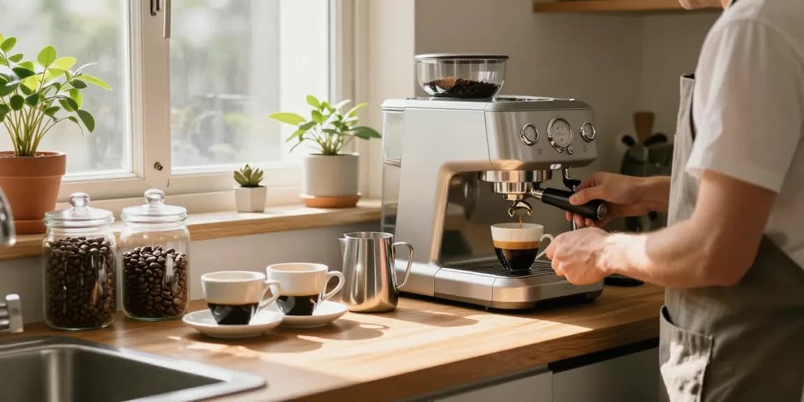 Brewing coffee using ماكينة تحضير اسبريسو in a cozy kitchen, showcasing artisanal preparation.