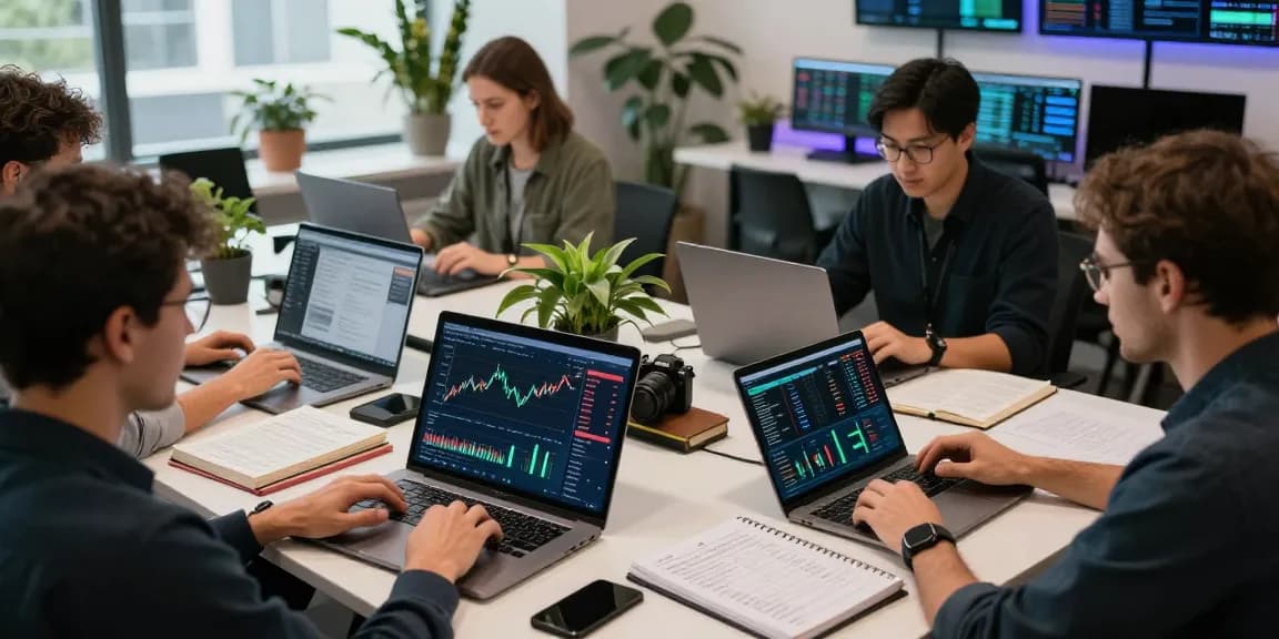 Cricbet99 cryptocurrency trading setup in a modern co-working space with advanced trading dashboards and collaborative atmosphere