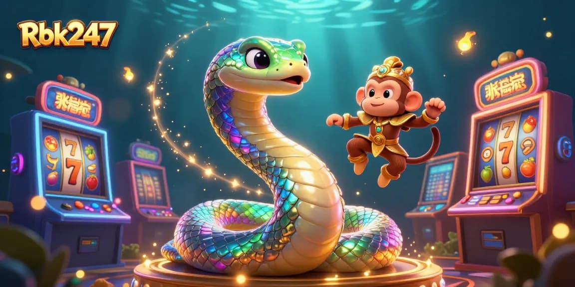 Engage with Rbk247's vibrant 3D illustration of a rainbow serpent and slot machines, showcasing dynamic gaming elements.