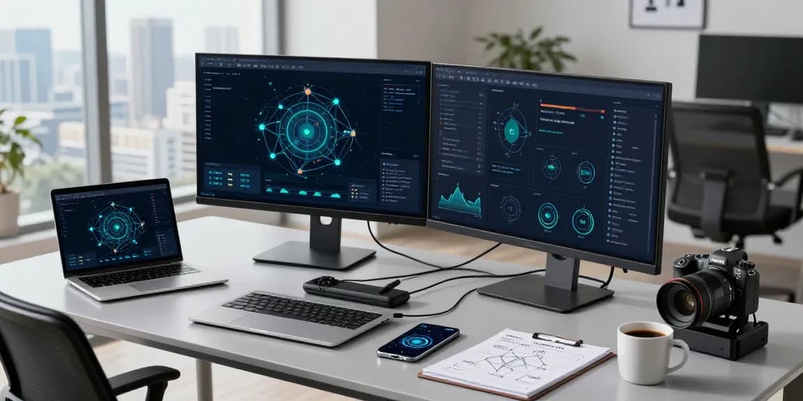 快连 network optimization software in a modern tech workspace with dual monitors and city views.