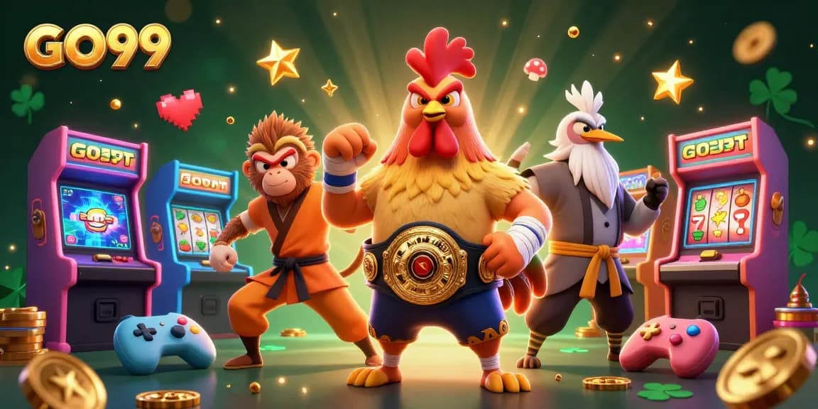Engage with GO99 through a high-energy scene of cartoon characters in a lively casino atmosphere.