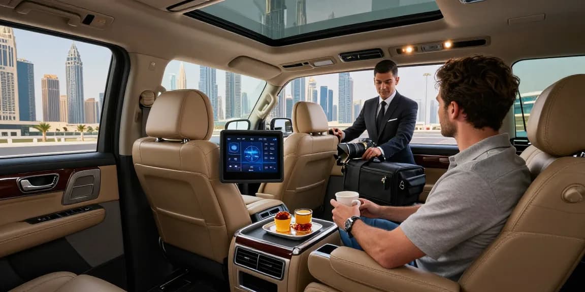 Airport transfers service Dubai featuring a premium Ford Expedition with a professional driver in front of the Dubai skyline.
