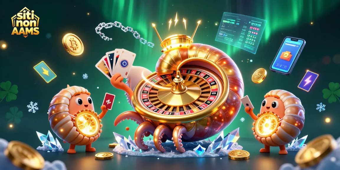 Scopri i siti non AAMS, con un nautilus gigante che regge carte e monete criptovalute scintillanti.