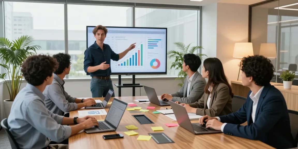 Nathan Garries leads a professional strategy meeting in a modern office, engaging with a diverse team and showcasing data insights.