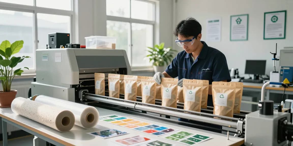 Recyclable stand up pouches showcased in an eco-friendly packaging workshop, emphasizing sustainable manufacturing.