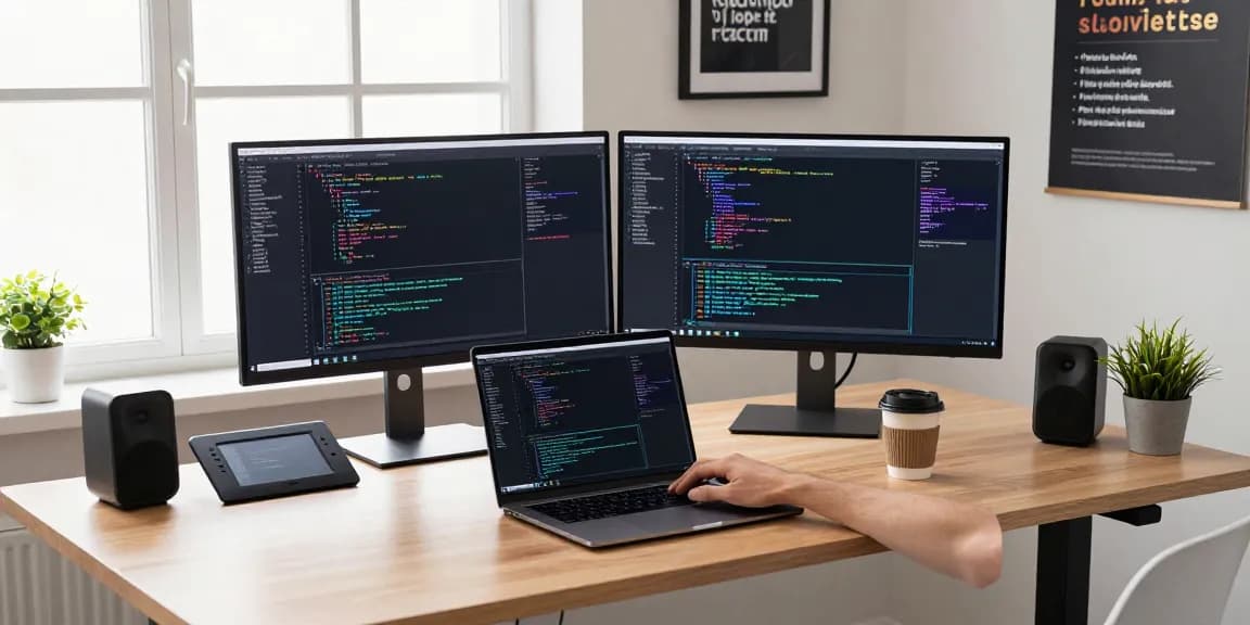 Developer coding in workspace with dual monitors and tech gadgets while exploring 纸飞机中文版 features.