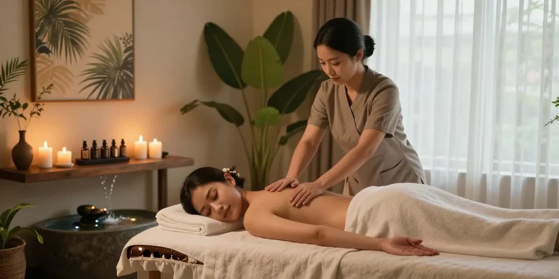울산오피 테라피 세션에서 편안한 여성 모습과 아로마 오일이 있는 따뜻한 스파 환경.