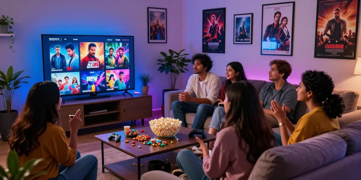 Friends enjoying a movie marathon at home with snacks and movies from https://www.bolly4uorg.in, creating a cozy atmosphere.