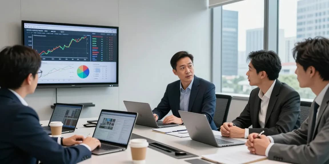 Terry Hui leading a real estate investment meeting with colleagues and market data.