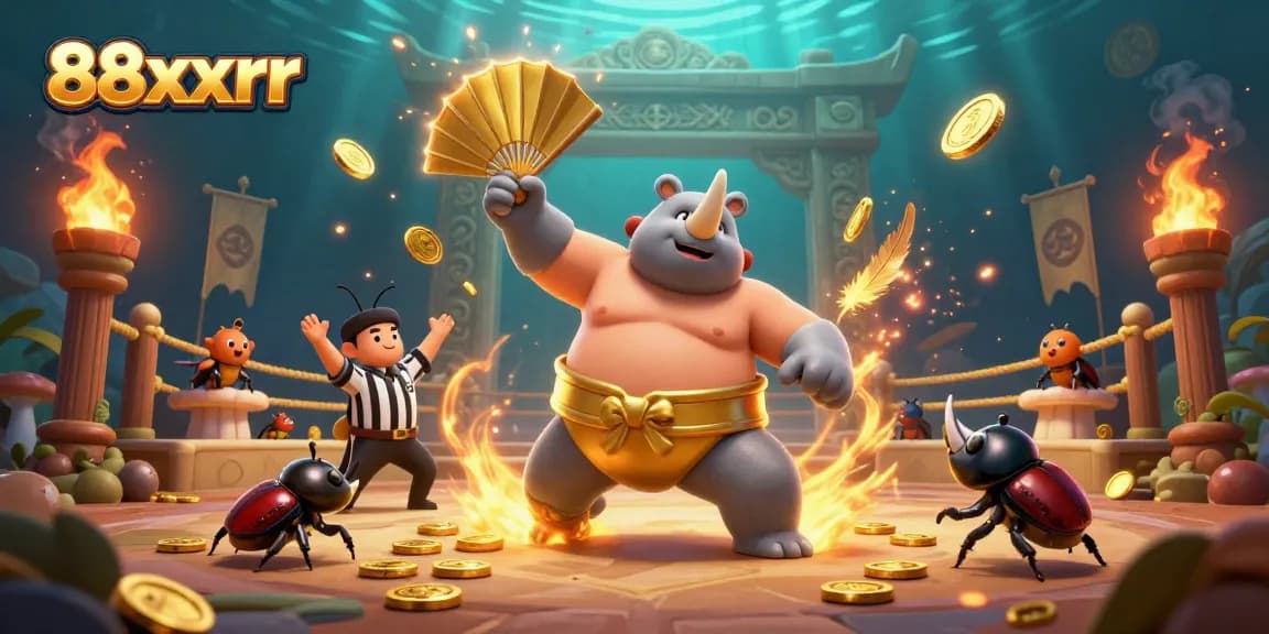 Engage with thrilling 88xxrr casino action featuring a sumo beetle champion amidst swirling gold coins.