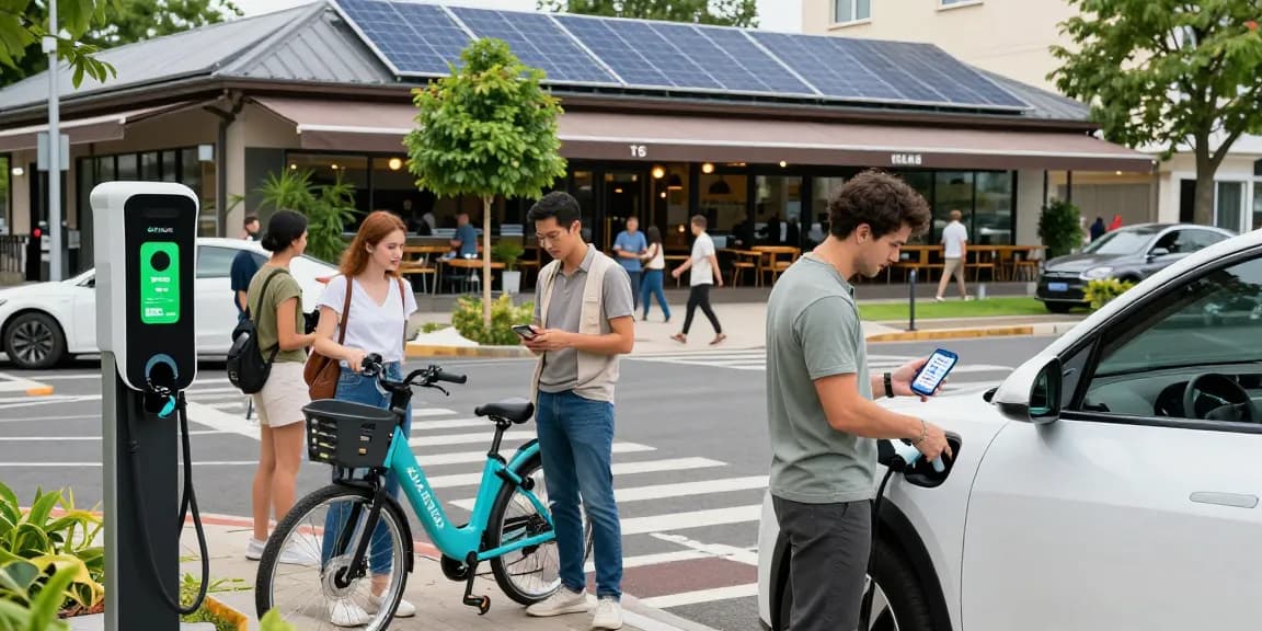 EV technology showcased in a vibrant urban charging station scene with diverse people engaging with electric vehicles.