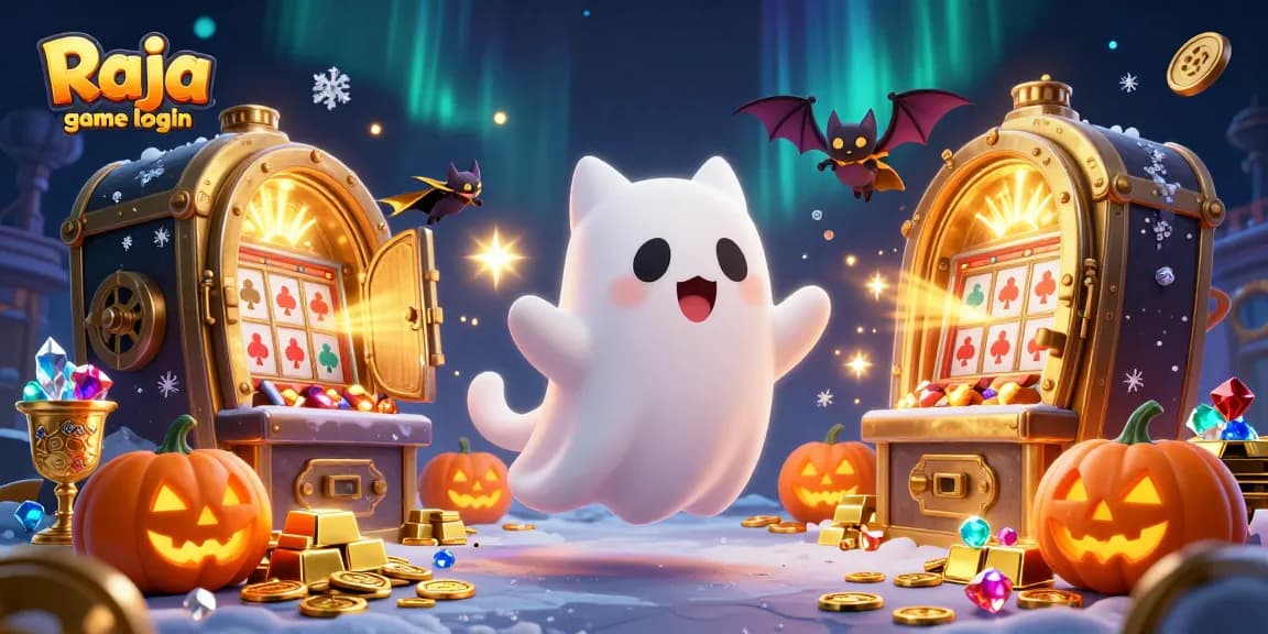 Join the excitement with Raja game login, featuring a ghost cat and vampire bat in a vibrant casino scene.