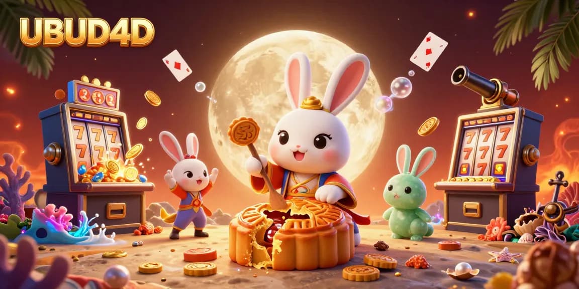 Play at UBUD4D with colorful poker chips emerging from mooncakes in a rich casino scene.
