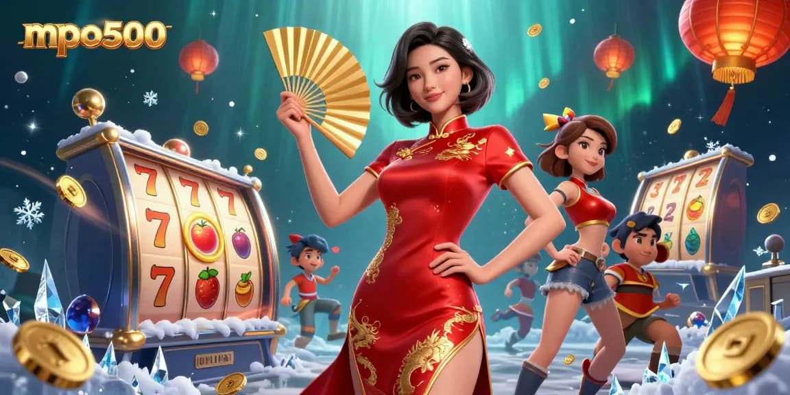 Play slots on mpo500 with a vibrant scene featuring a beautiful Asian woman and dynamic golden elements.