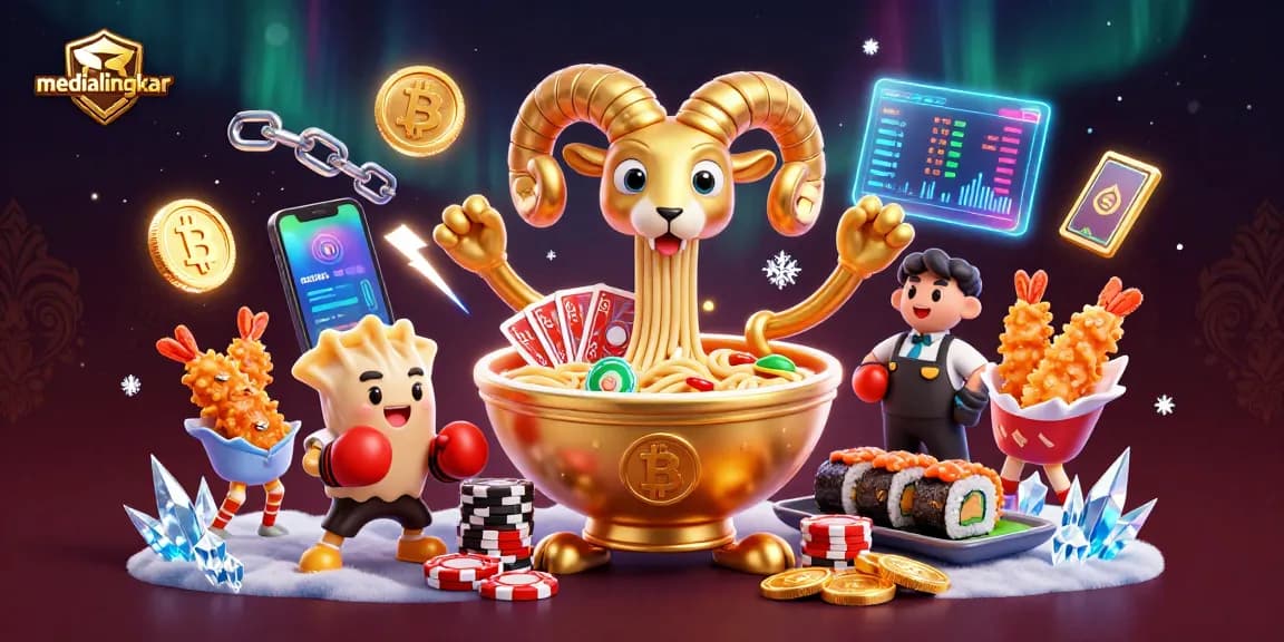 Engage with medialingkar's dynamic casino scene featuring playful characters and vibrant crypto elements.