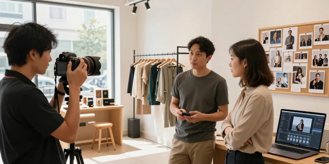 Un fotografo commerciale cattura l'essenza di un business locale in uno studio luminoso e moderno.