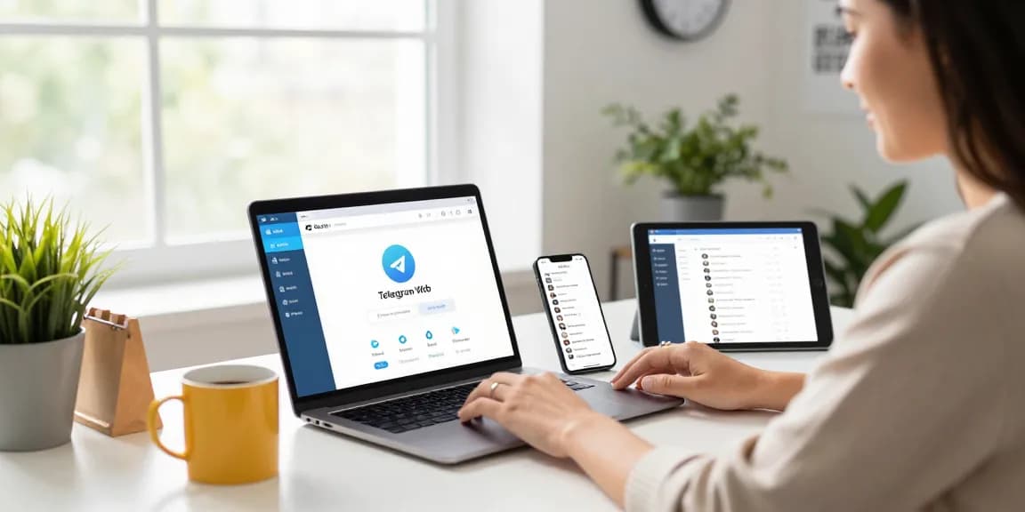 Utilizing Telegram Web Version on a sleek laptop in a modern workspace.