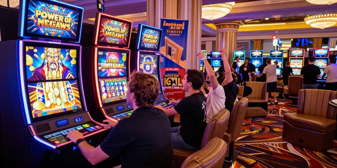Exciting scene featuring players celebrating near the Power of Thor Megaways slot machine with vibrant casino atmosphere.