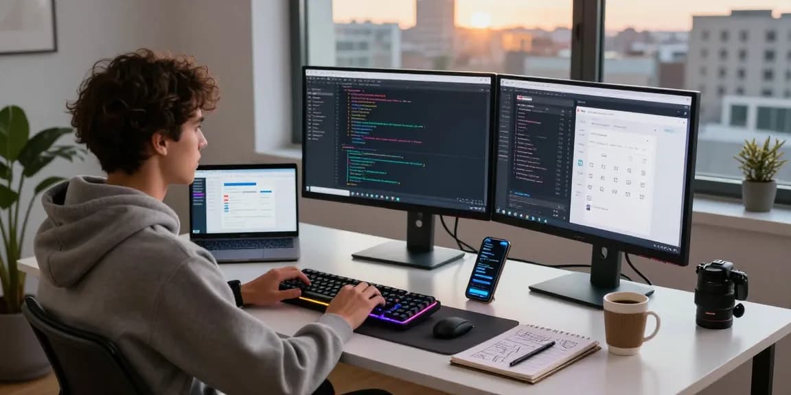 Engaging software development workspace at teiegramin.com showcasing coding, productivity tools, and a vibrant city view.