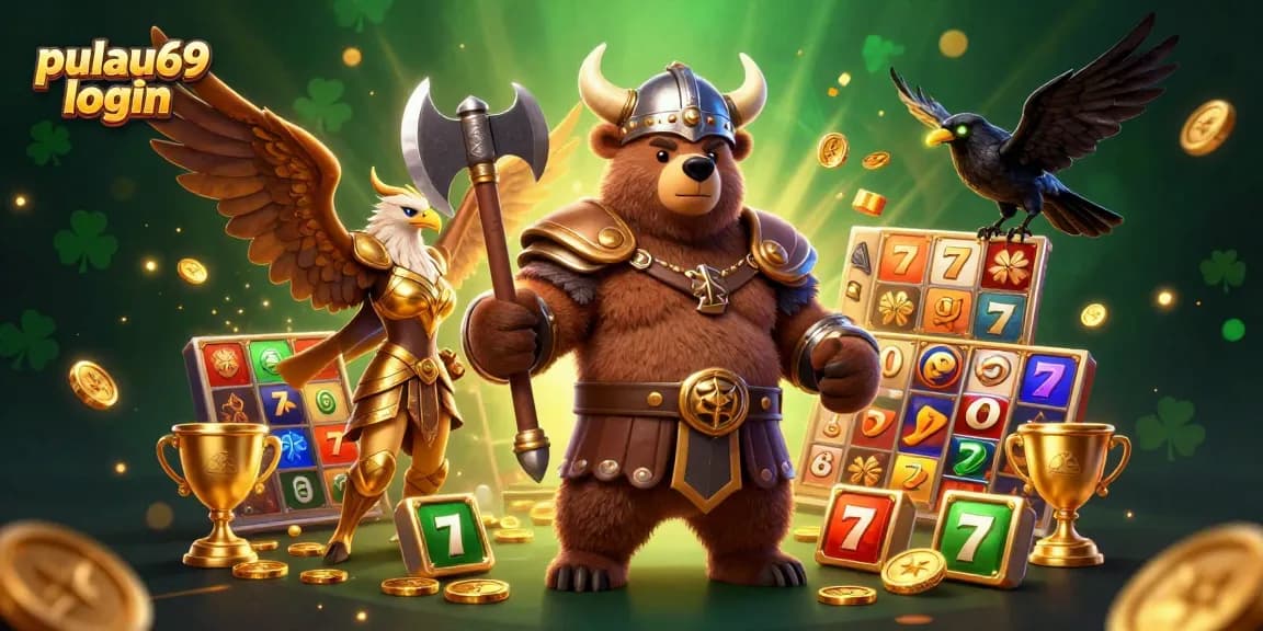 Engage with pulau69 login in this vibrant 3D casino scene featuring Viking characters and slot games.