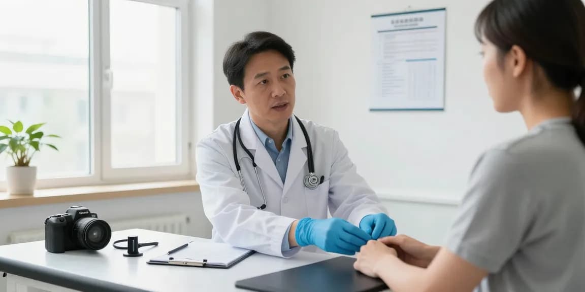 Medical gloves worn by a doctor in a healthcare examination room, emphasizing hygiene and care.