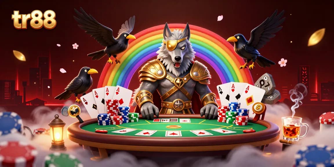 Engage in thrilling gameplay at tr88 with Odin and ravens surrounded by poker elements.
