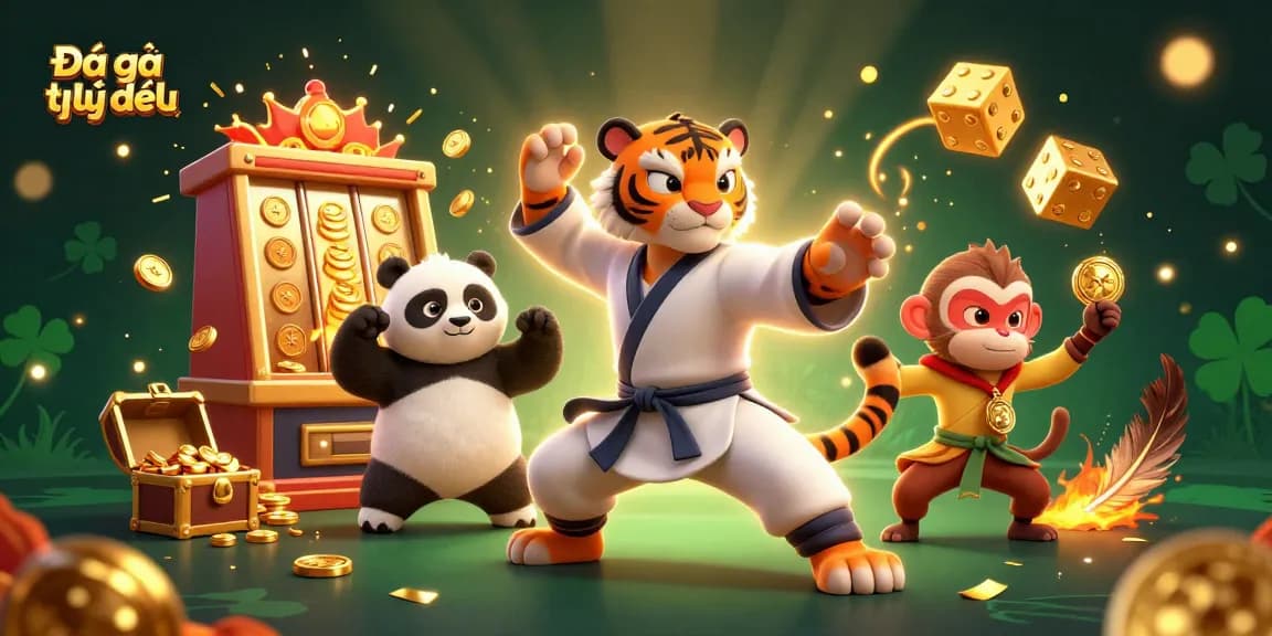 Engaging scene of Đá gà trực tiếp featuring kung fu tiger master, arena elements, and festive gold