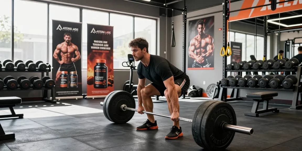 Strong athlete deadlifting weights in a modern gym, showcasing Astera Steroids Shop products for optimal performance