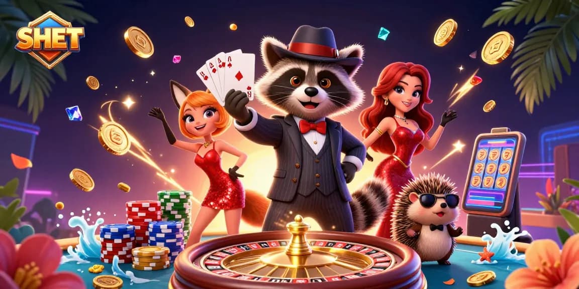 Play to win with SH BET's vibrant 3D casino scene featuring raccoon dealer and royal flush.