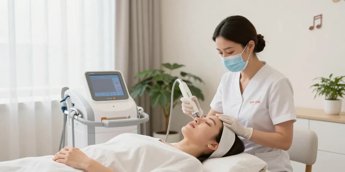 医療脱毛+クリニックのセッション中、穏やかな環境でクライアントにVIO脱毛を施術している技術者。