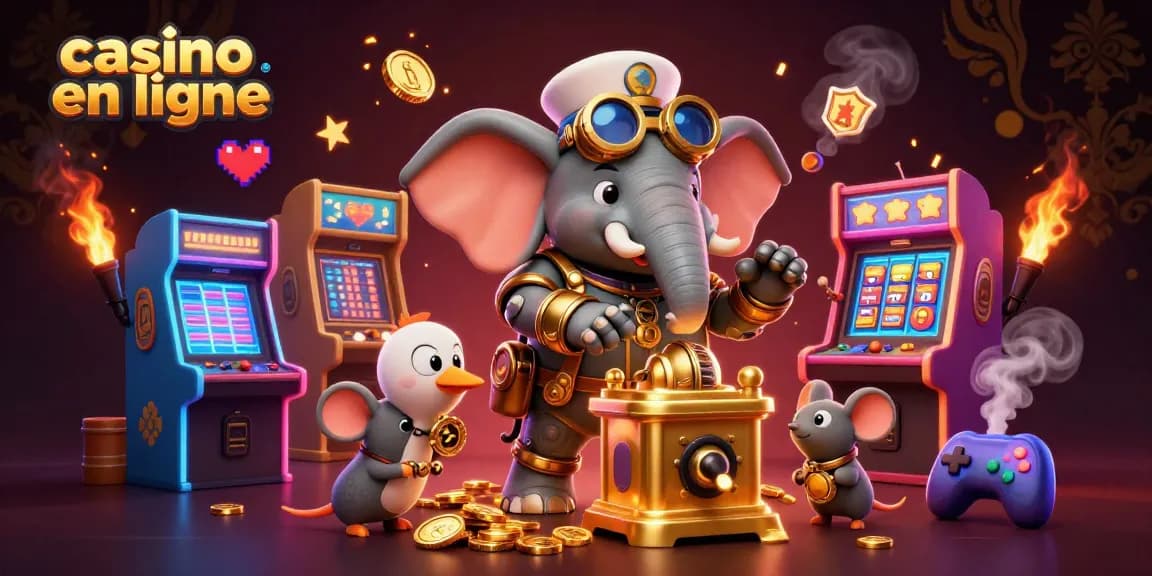 Faites tourner la machine à sous dorée dans le casino en ligne avec des personnages de style steampunk et des éléments vibrants et colorés.