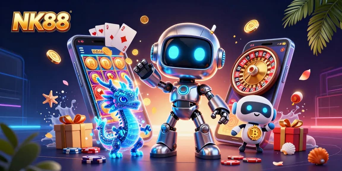 Join the excitement at NK88 with a vibrant 3D digital casino scene featuring thrilling games and characters.