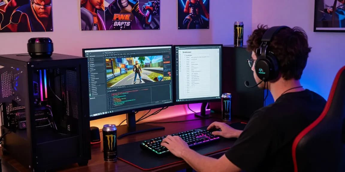 Player configuring FiveM ESX Scripts on a gaming PC with vibrant accessories.
