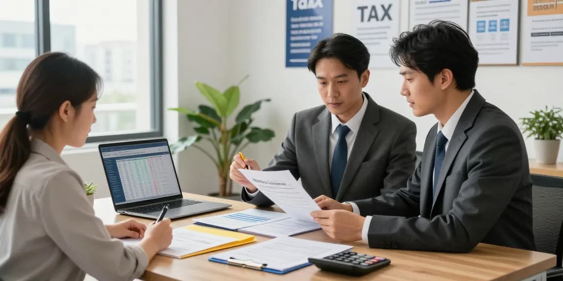 Rental property tax accountant consulting with landlord, reviewing tax documents and financial statements in a modern office.