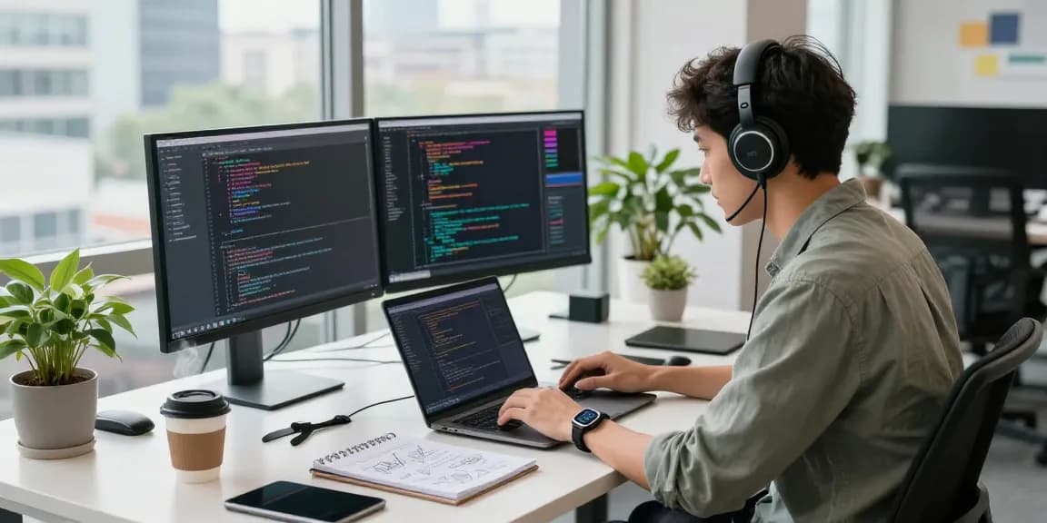Dynamic coding workspace featuring a developer and 纸飞机中文版 software interfaces on dual monitors.