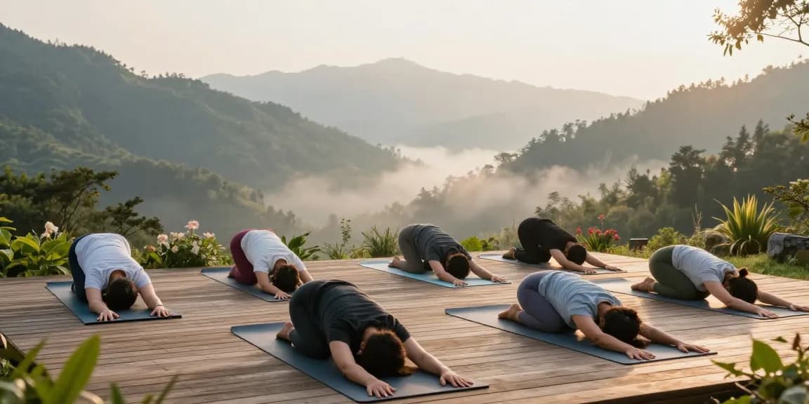 Group practicing Hatha yoga & fitness outdoors in serene Himalayan setting, promoting mindfulness and wellness.