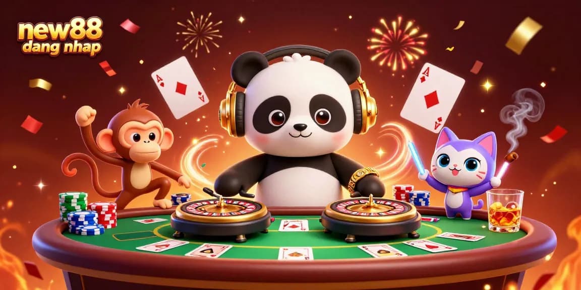 Experience the excitement of new88 dang nhap with vibrant characters enjoying a 3D casino atmosphere.