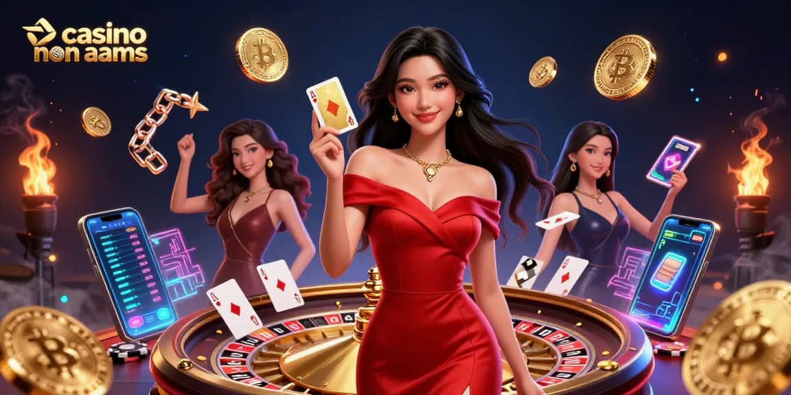 Vivi l'emozione dei casino non AAMS con un'illustrazione straordinaria che presenta una donna sicura di sé vicino a una ruota della roulette.