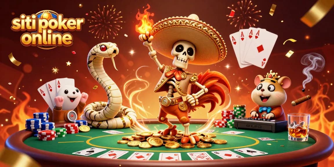 I migliori siti poker online in un'illustrazione vivace con personaggi festivi e tavoli da poker