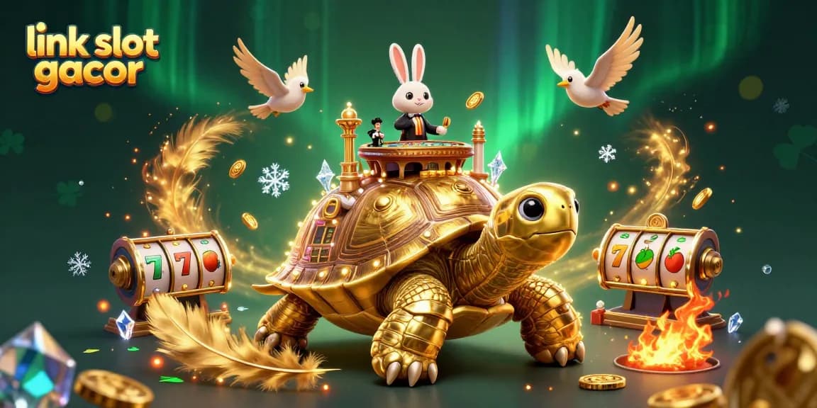 Mainkan permainan menarik di link slot gacor yang menampilkan adegan kasino unik dengan dealer kelinci dan kura-kura emas.