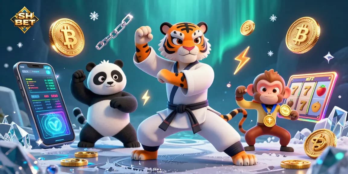 Engage with SH BET's thrilling casino games featuring vibrant 3D characters, Bitcoin coins, and slot elements.