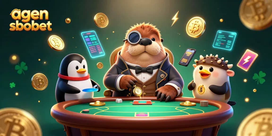 Taruhan agen sbobet dengan meja poker, ikan puff dan dealer penguin di bawah laut.